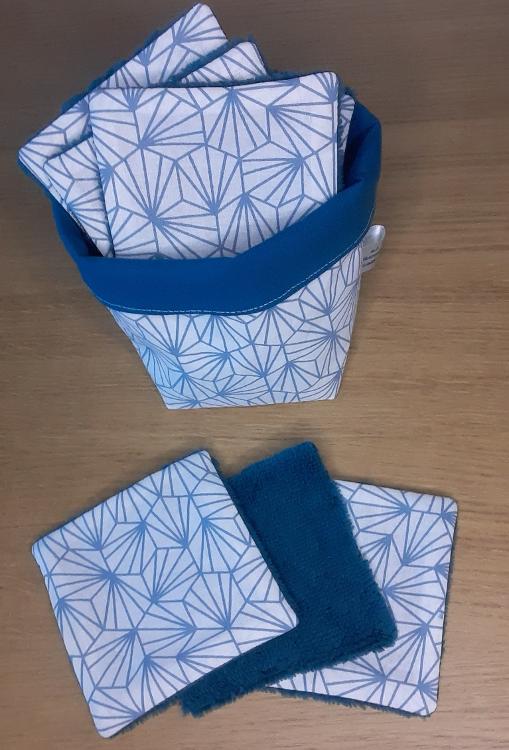 Kit lingettes démaquillantes réutilisables formes géométriques bleu canard