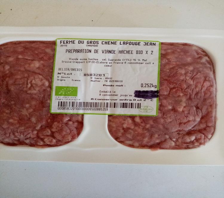 Haché 100% mouton, livraison 9/06 - Barquette sous vide - 2 steaks de 125gr