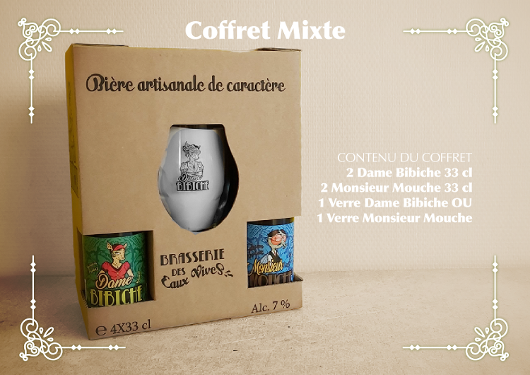 COFFRET BIÈRES MIXTE (2X 33CL BIBICHE + 2X 33CL MONSIEUR MOUCHE + 1 VERRE)