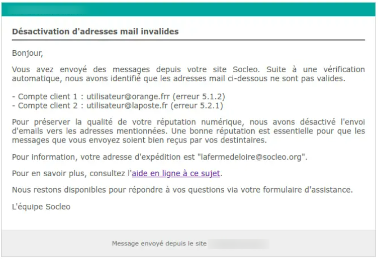Exemple de mail de compte rendu de désactivation des emails invalide