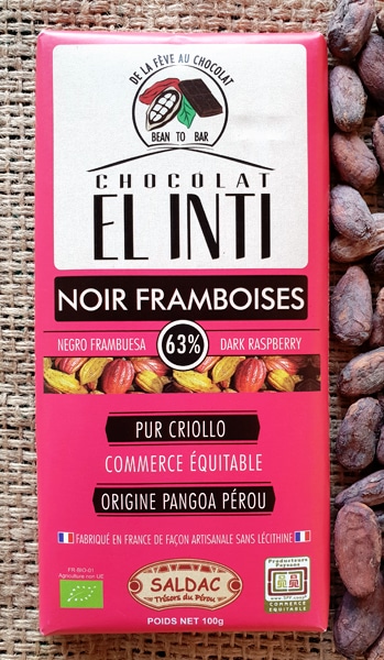 Chocolat noir 63% de cacao aux framboises (100g)