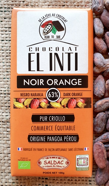 Chocolat noir 63% de cacao, écorces d'oranges confites (100g)