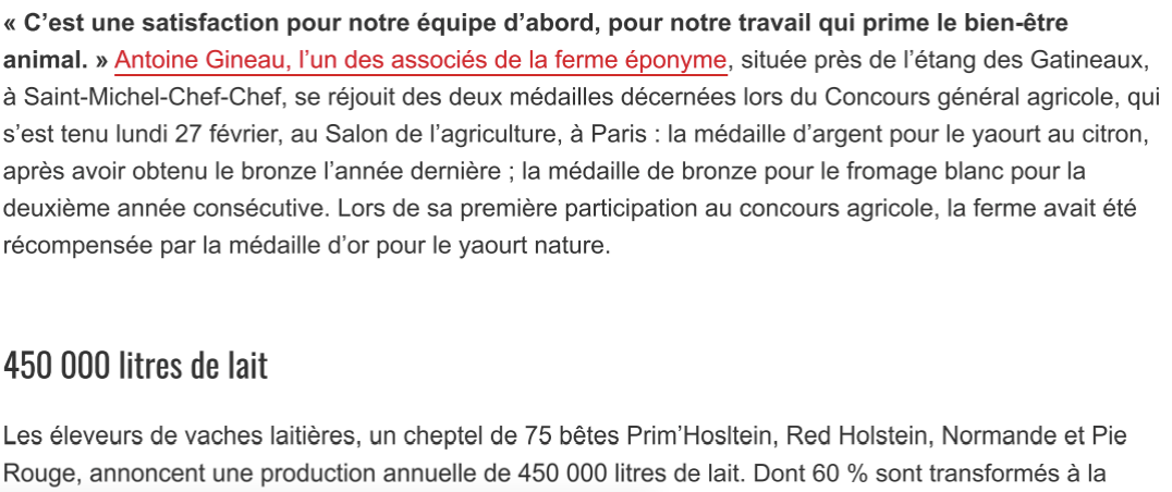 Article Ouest France - Yaourts médaillés Ferme Gineau