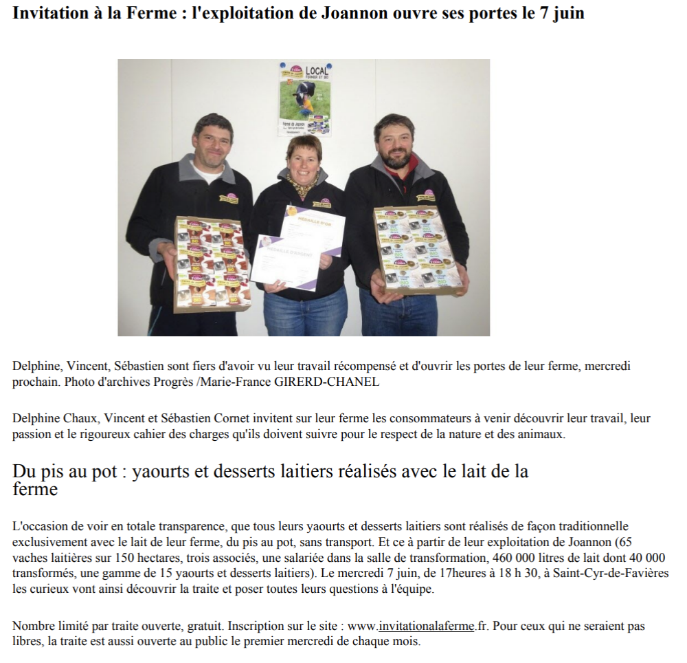 Article - Le Progrès - Delphine Chaux,  Vincent et Sébastien Cornet de la ferme de Joannon réseau Invitation à la ferme