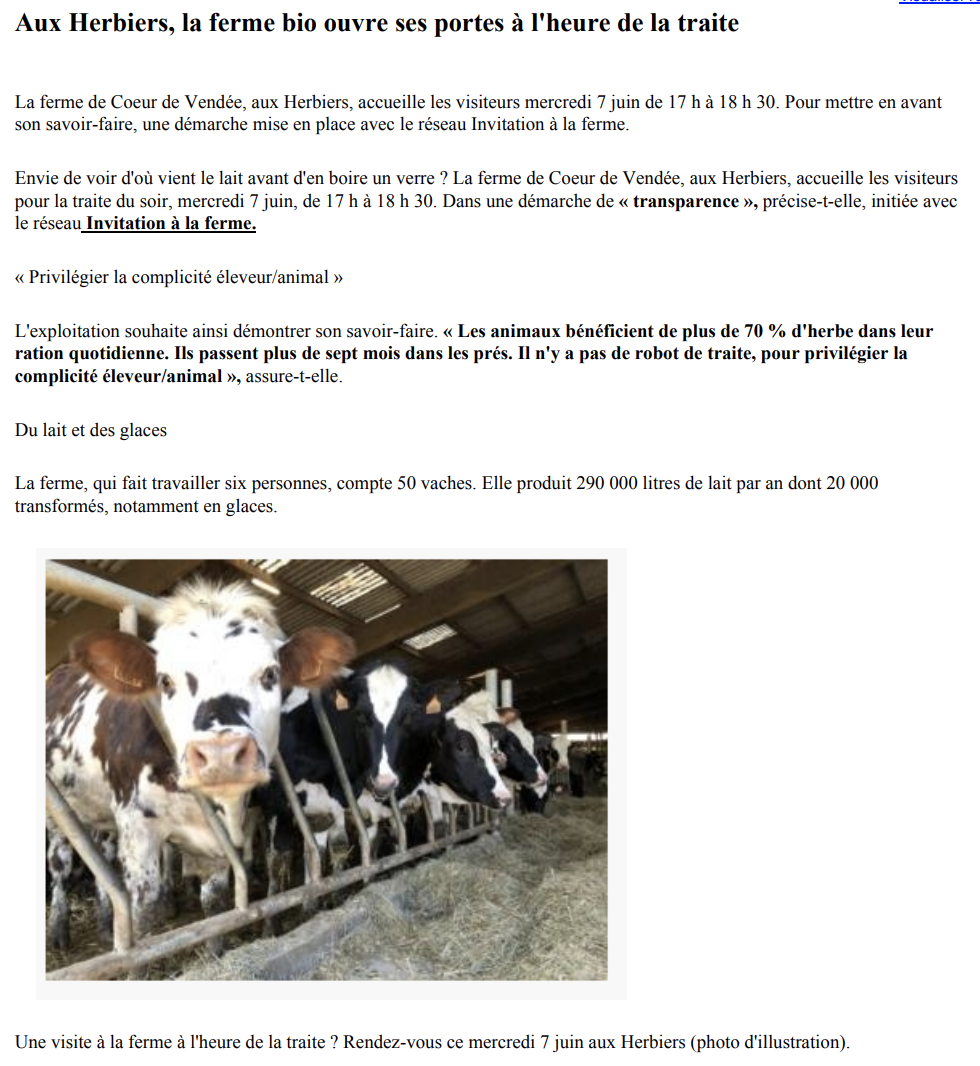 Article - Ouest France Ferme coeur de Vendée Invitation à la ferme
