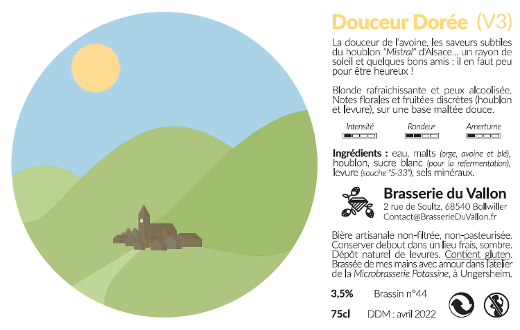 Bière blonde douceur dorée 75 cl 3.5 %alc-Brasserie du Vallon- retiré