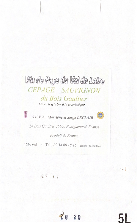 "bib" 5L IGP SAUVIGNON SCEA LECLAIR Domaine du Bois Gaultier
